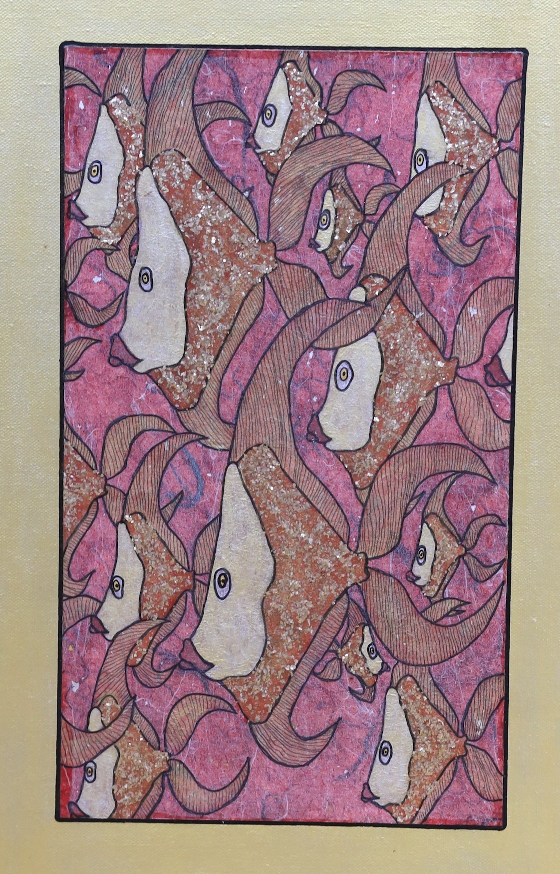Troy Olson, mixed media on canvas, Angel fish and puffer fish, inscribed in pencil, 59 x 42cm, unframed